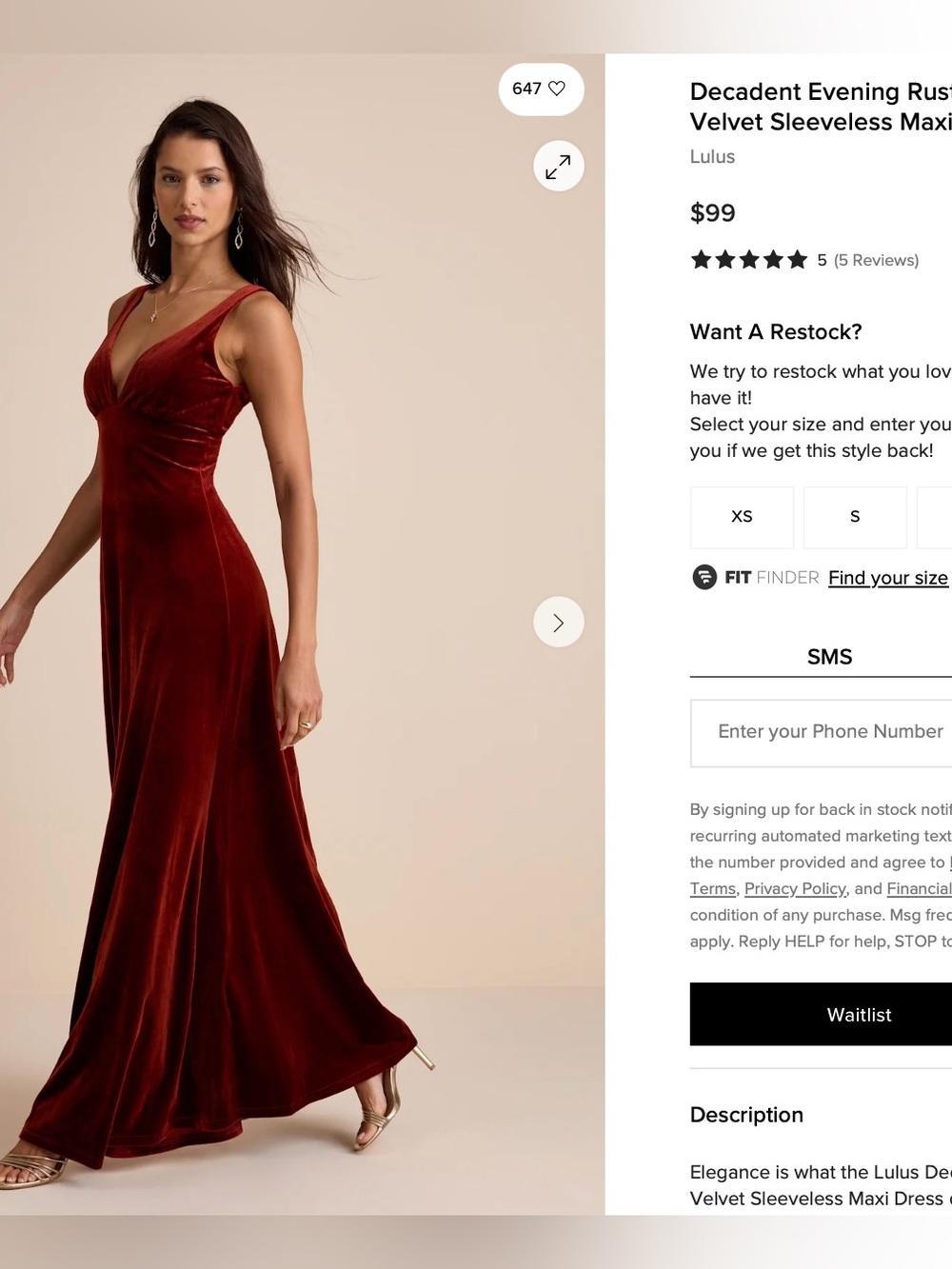 NWT- Lulus Decadent Evening Rust Orange Velvet Sleeveless Maxi Dress